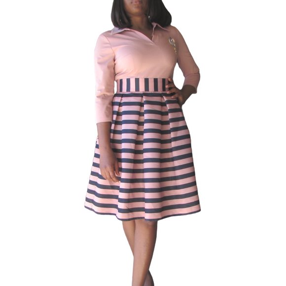 Beige 3-quarter sleeve and striped bottom dress - Picture 1 of 3